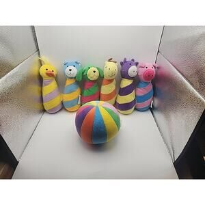 Vintage Lillian Vernon Kids Soft Bowling Set Animals Pins Ball Plush Stuffed Toy